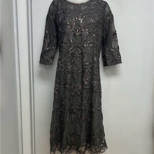 Embellished Sheer Mesh Evening Dress – Charcoal Gray (Size 5)